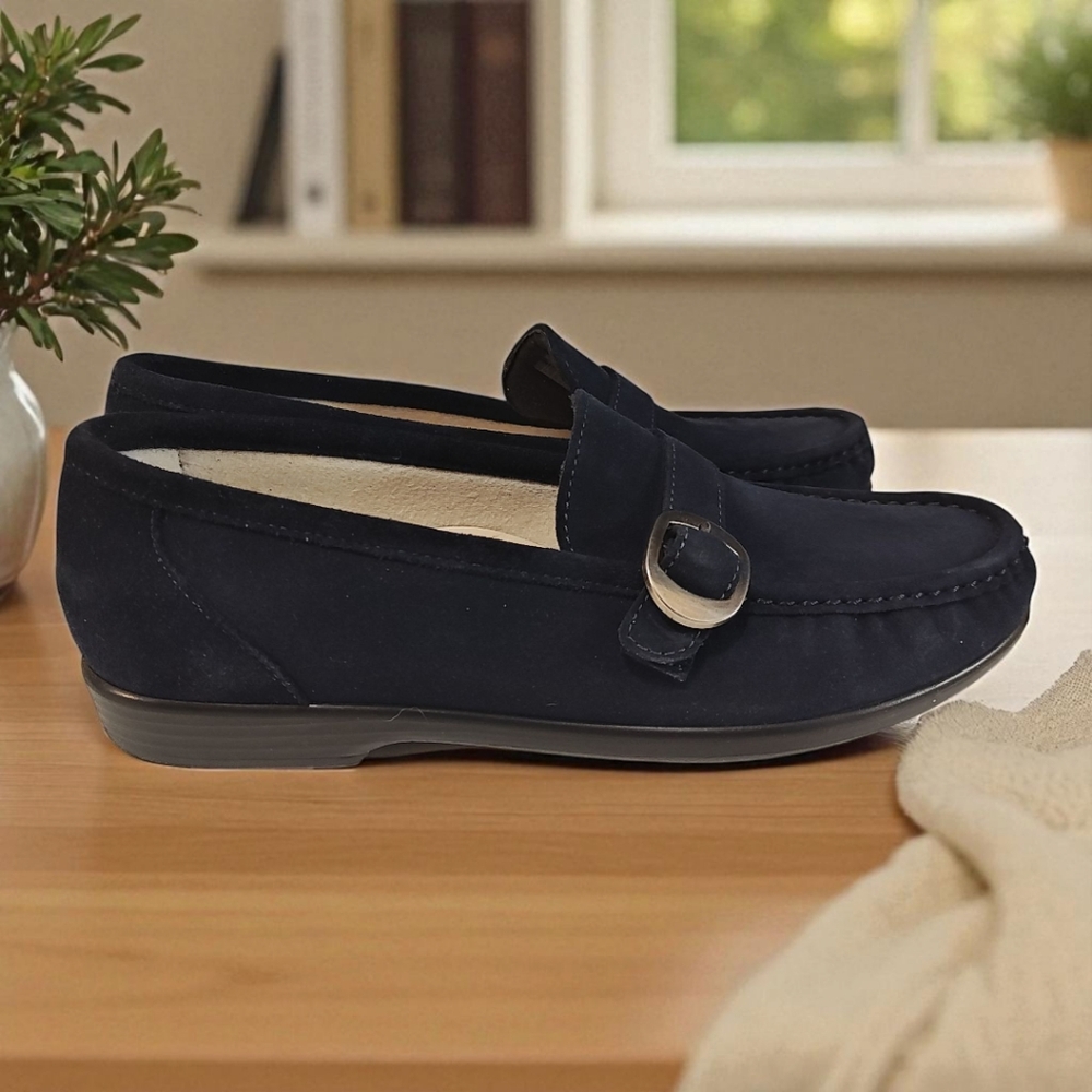 SAS Navy Loafers with Silver Buckle 10N(Narrow)